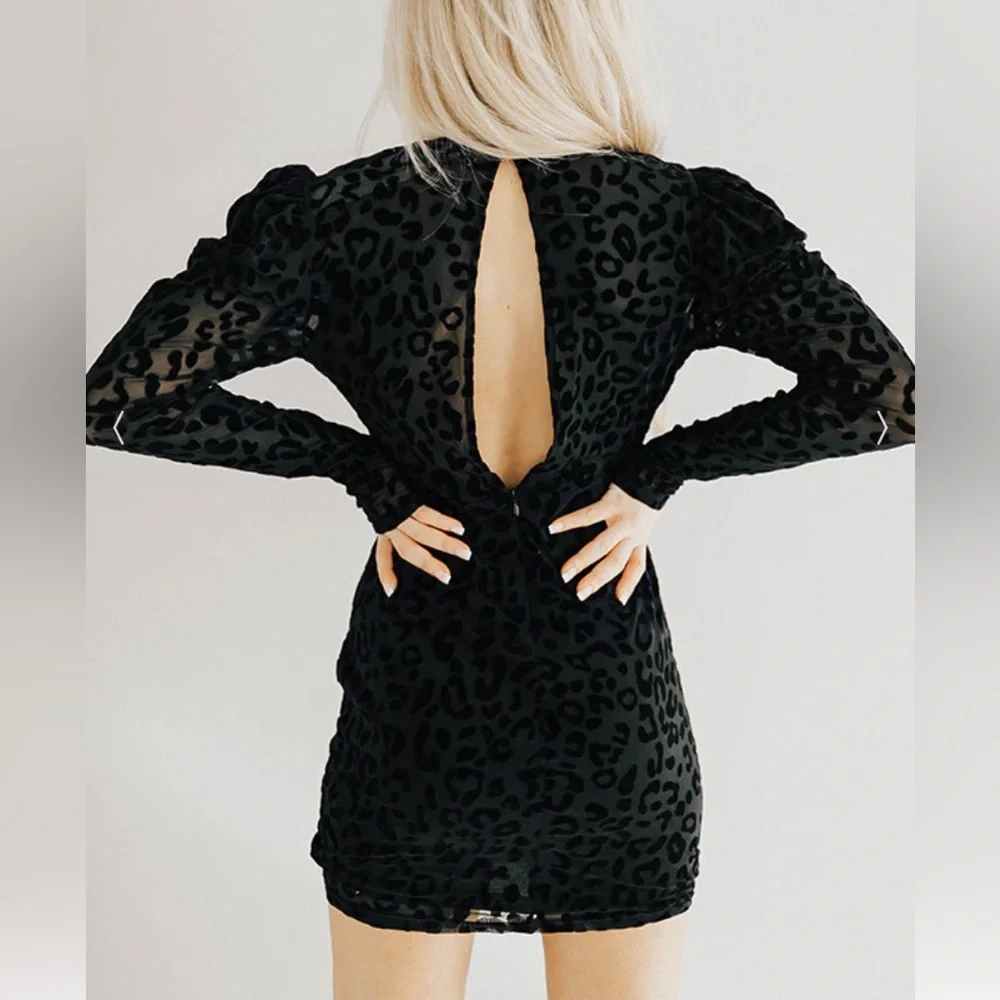 Deja Vu Black Velvet Burnout Overlay Mini Dress long sleeve evening Large EUC - Picture 4 of 16